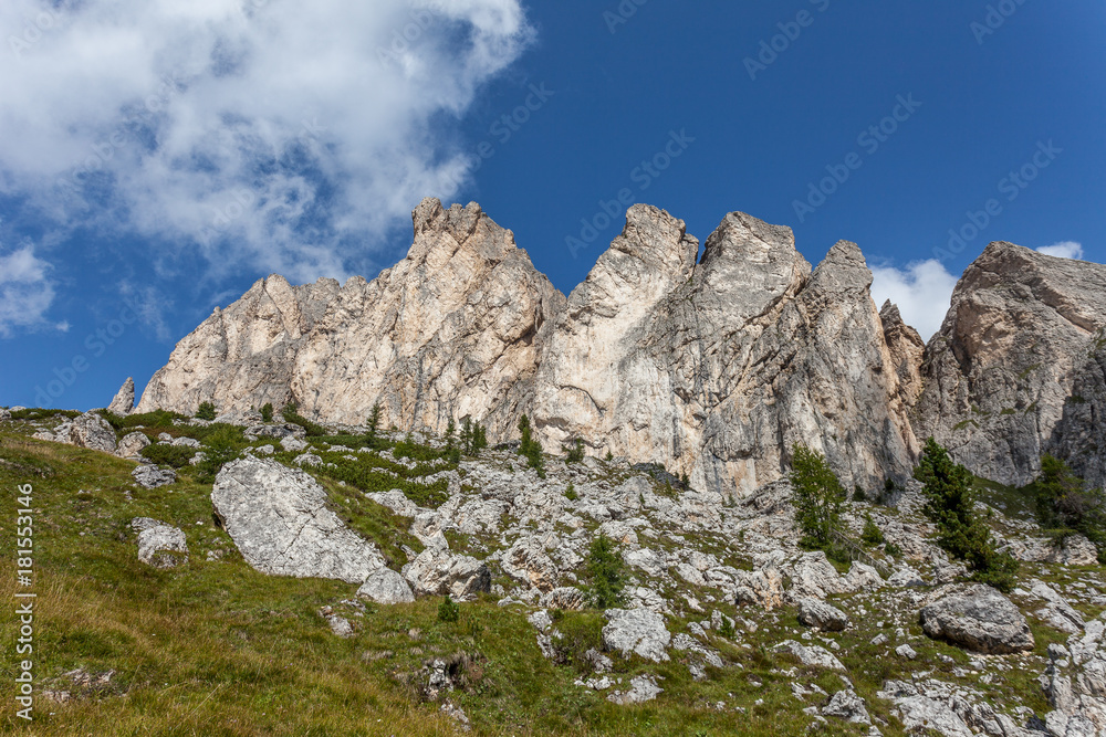Awesome vertical dolomitic pinnacles and crest of Mount Settsass, Valparola Pass, Dolomites, Italy
