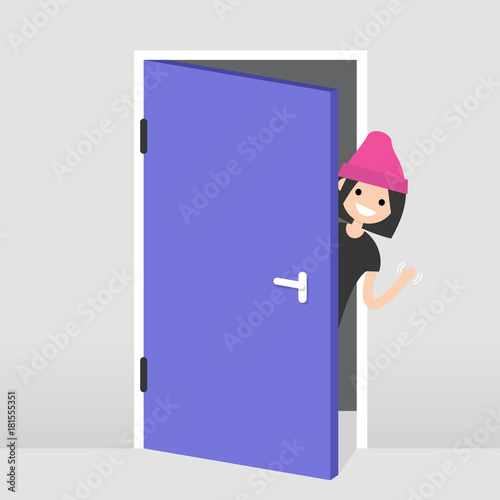 Young girl peeking out from behind the door. Hello or Goodbye hand waving. Welcome home. Flat editable vector illustration, clip art