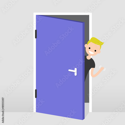 Young character peeking out from behind the door. Hello or Goodbye hand waving. Welcome home. Flat editable vector illustration, clip art