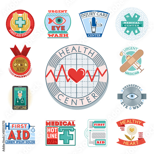 Vector illustration of medical emblem vintage tag for first aid healthcare and pharmacy medicine.