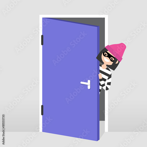 A thief trying to penetrate the house illegaly. Vector female character wearing a black mask peeping out from behind the door. Flat illustration, clip art