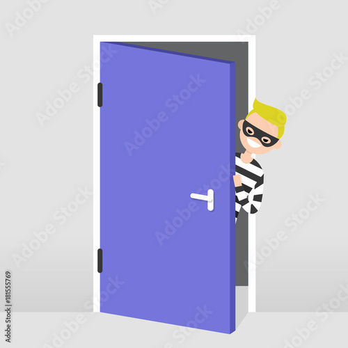 A thief trying to penetrate the house illegaly. Vector character wearing a black mask peeping out from behind the door. Flat illustration, clip art