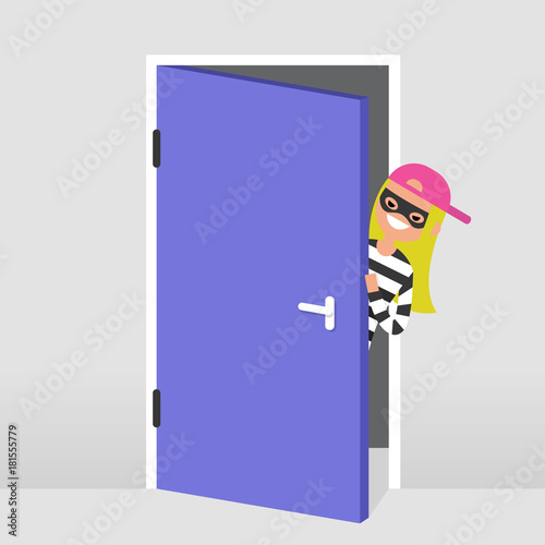 A thief trying to penetrate the house illegaly. Vector female character wearing a black mask peeping out from behind the door. Flat illustration, clip art