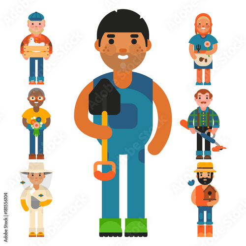 Farmer character man agriculture person profession rural gardener worker farming people vector illustration.