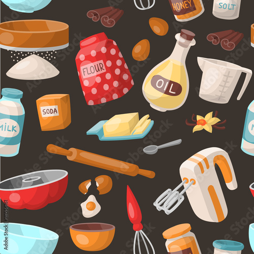 Baking cooking vector ingredients bake making cakes cook pastry prepare kitchen utensils homemade food preparation bakeware illustration bowl, sugar, powder seamless pattern background