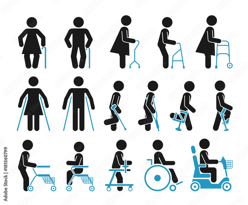Pictograms that represent handicapped, elderly and injured people who use  orthopedic accessories and wheel chair to help them move. Stock Vector |  Adobe Stock