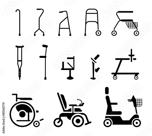 Set of icons that represent orthopedic equipment, wheelchair,crutches and mobility aids. Various orthopedic accessories and wheel chair which assist handicapped, elderly and injured people to move.