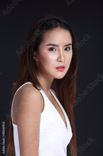 Asian Long straight black hair woman in white dress