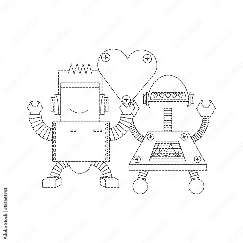 cute couple of cartoon robots with heart icon over white background black and white design vector illustration cute couple of cartoon robots with heart icon over white background black and white design vector illustration