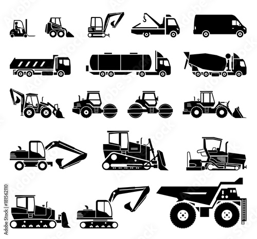 Set of various transportation and construction machinery. Heavy equipment. 
Collection of heavy trucks. Heavy-duty vehicles, designed for executing construction tasks and earthwork operations. 

