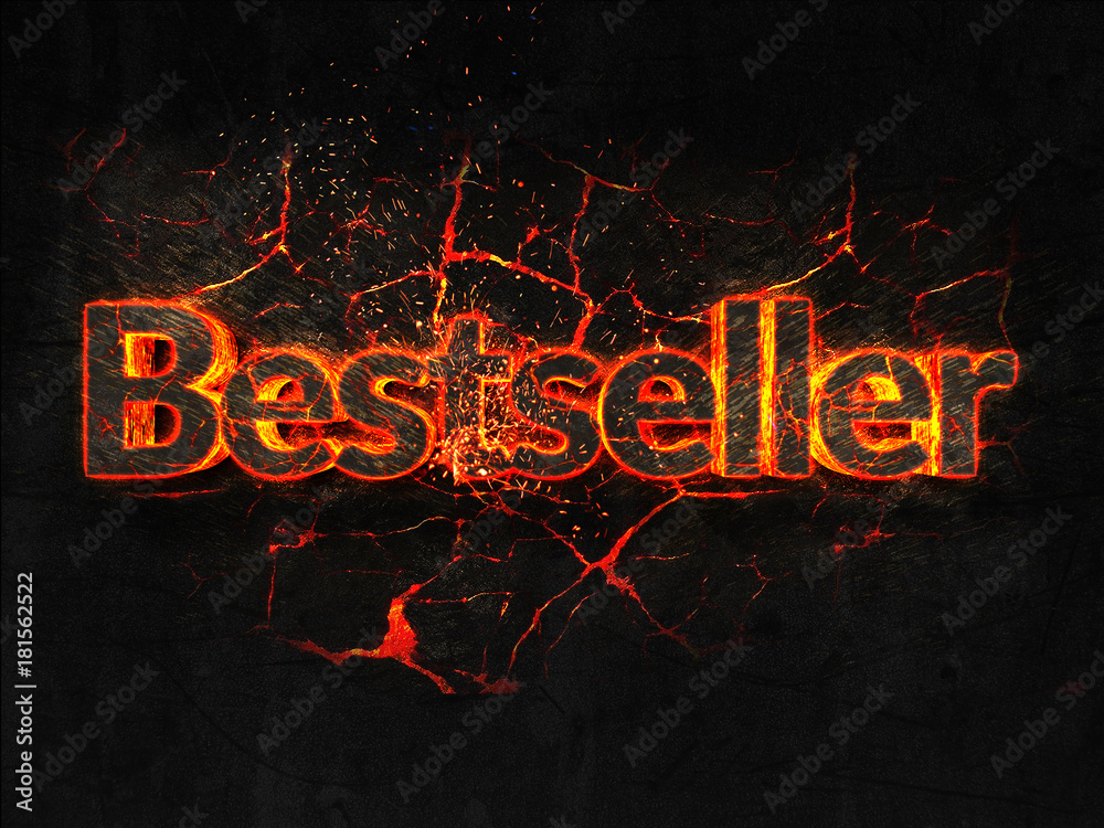 Bestseller Fire text flame burning hot lava explosion background.