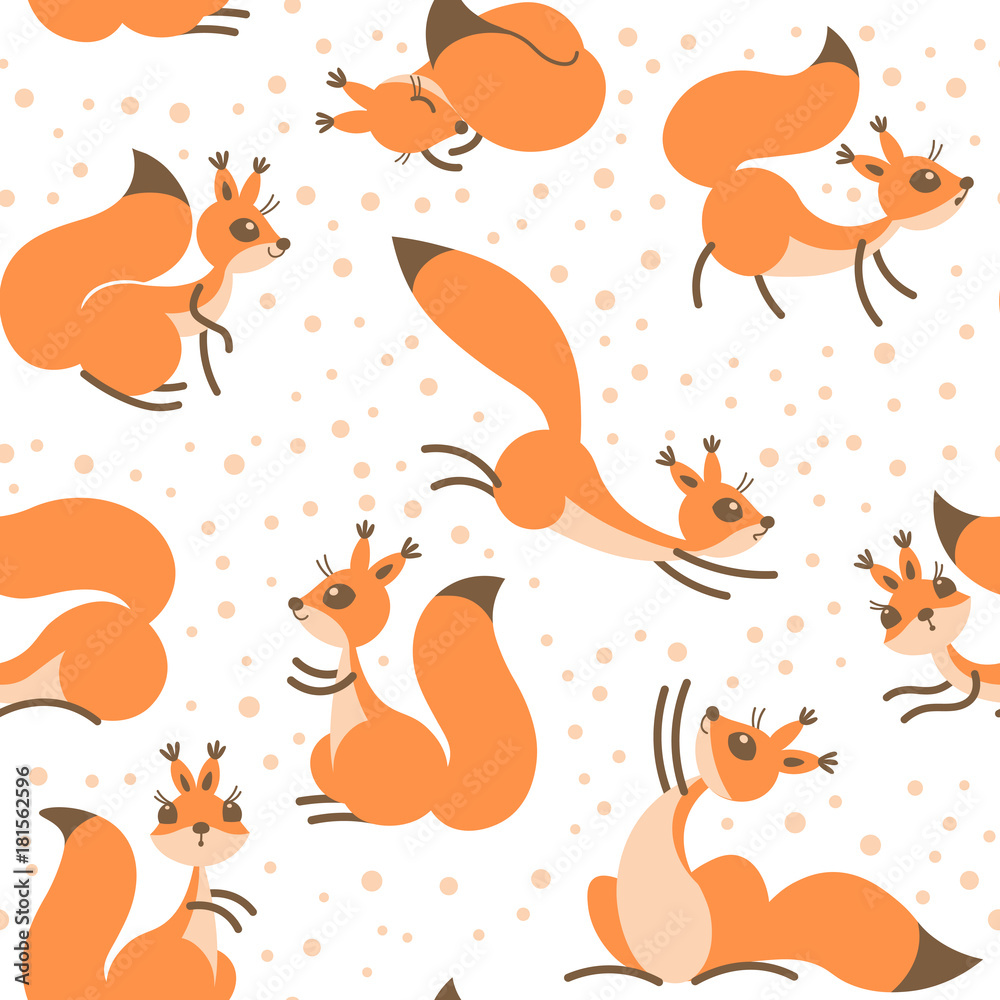 Obraz premium Little cute squirrels under snowfall. Seamless winter pattern for gift wrapping, wallpaper, childrens room or clothing.