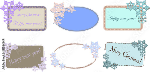 Set of oval and rectangular frames with snowflakes for Christmas or new year design
