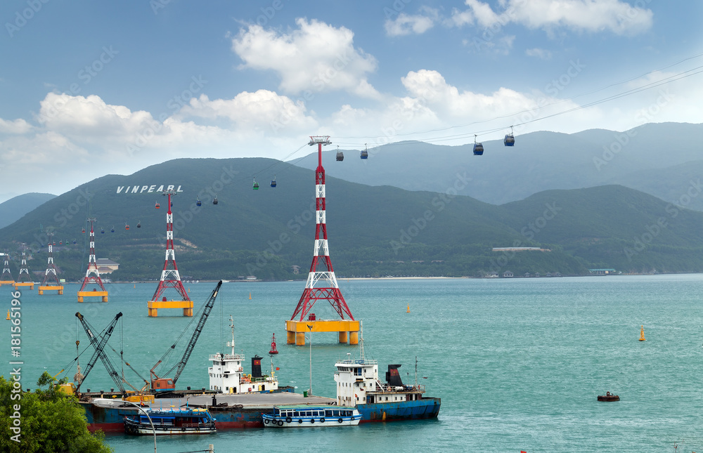 Fototapeta premium Cable car eiffel tower to cableway Vinpearl Amusement Park Island Nha Trang, Vietnam