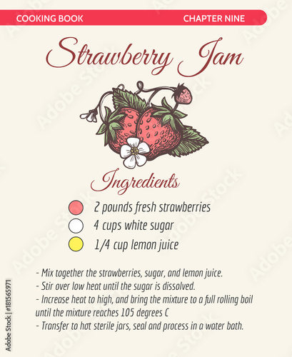 Hand drawn cooking book page with strawberry jam recipe vector illustration