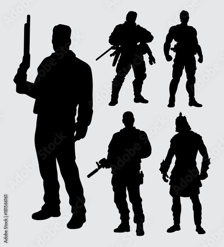 hero with gun silhouette. good use for symbol, logo, web icon, mascot, sign, sticker, or any design you want.