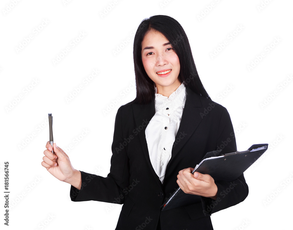 smiling business woman in suit holding a clipboard and pen isolated on white background smiling business woman in suit holding a clipboard and pen isolated on white background