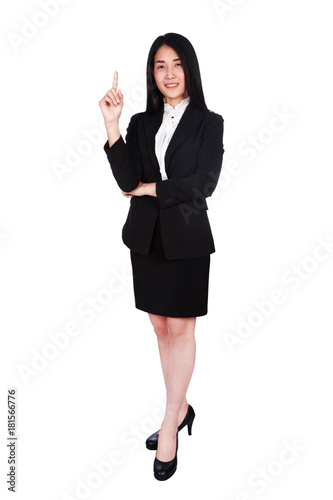 business woman shows forefinger up isolated on a white background