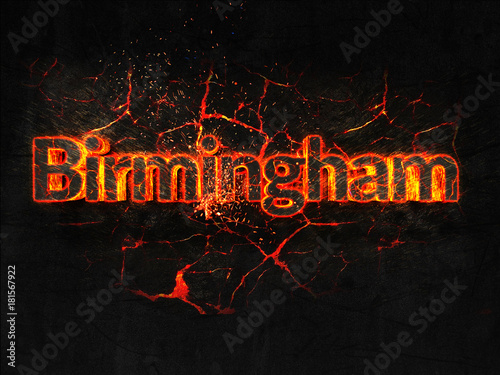 Birmingham Fire text flame burning hot lava explosion background.