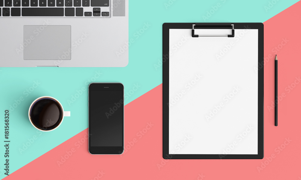 Modern workplace with notebook or laptop, coffee cup and smartphone copy space on color background. Top view. Flat lay style. Modern workplace with notebook or laptop, coffee cup and smartphone copy space on color background. Top view. Flat lay style.