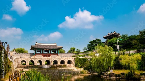 Suwon, South Korea - Hwahongmun Gate of Hwaseong Fortress in Suwon (Sign board text is 