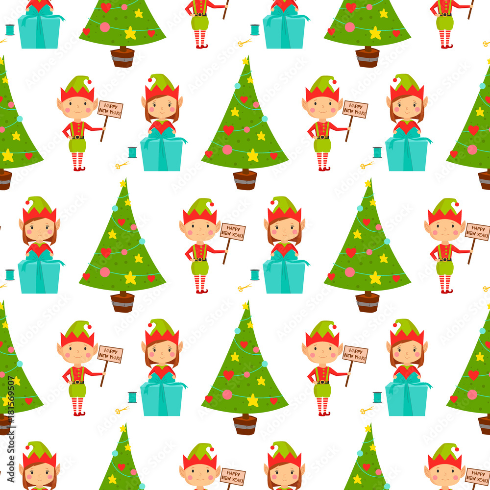 Santa Claus kids cartoon elf helpers vector illustration children characters traditional costume seamless pattern background