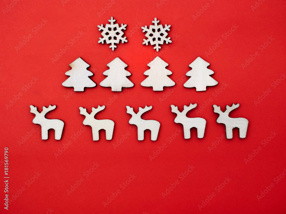  wooden snowflakes, pine trees, and deer