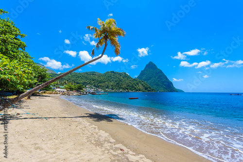 Paradise beach at Soufriere Bay with view to Piton at small town Soufriere in Saint Lucia, Tropical Caribbean Island.