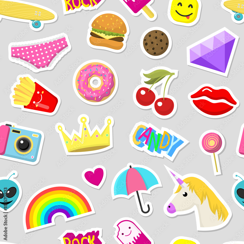 Girl fashion stickers patches cute colorful badges fun cartoon icons design doodle element trendy print vector illustration seamless pattern background