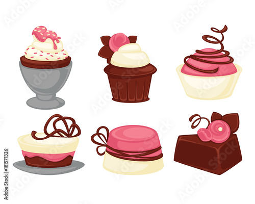 Cakes and cupcakes pastry sweet desserts vector icons set