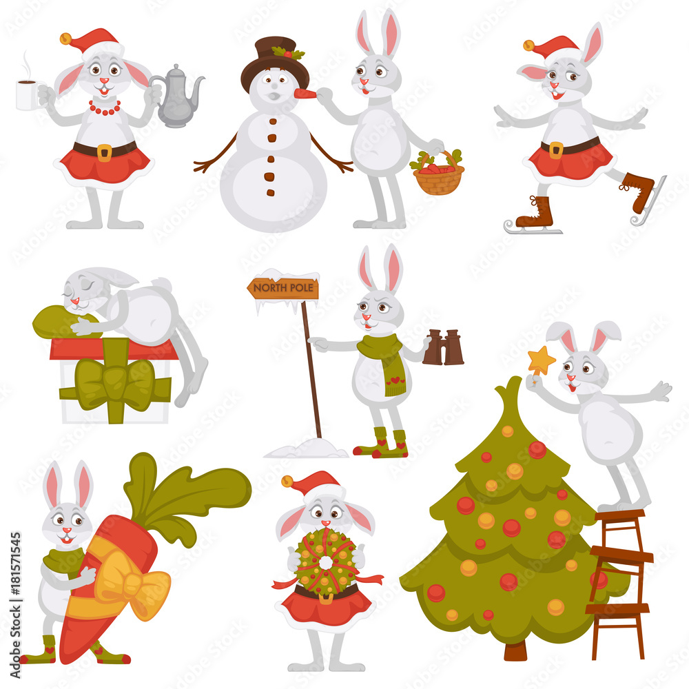 Christmas bunny rabbit Santa cartoon character vector icons winter holiday greeting card