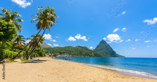 Paradise beach at Soufriere Bay with view to Piton at small town Soufriere in Saint Lucia  Tropical Caribbean Island.