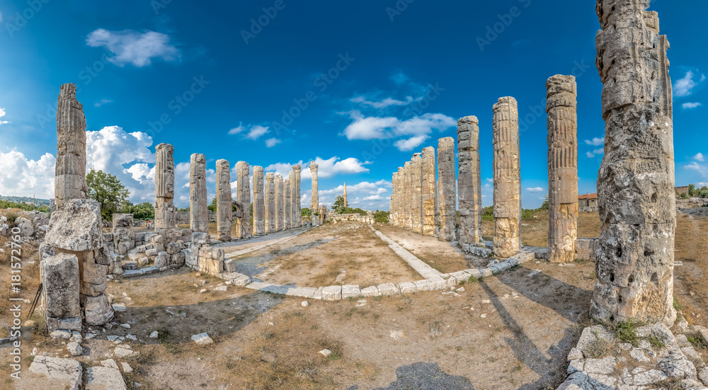 With blue sky,High resolution panoramic view Zeus temple at Uzuncaburc Ancient city located in Uzuncaburc,Silifke,Mersin,Turkey.