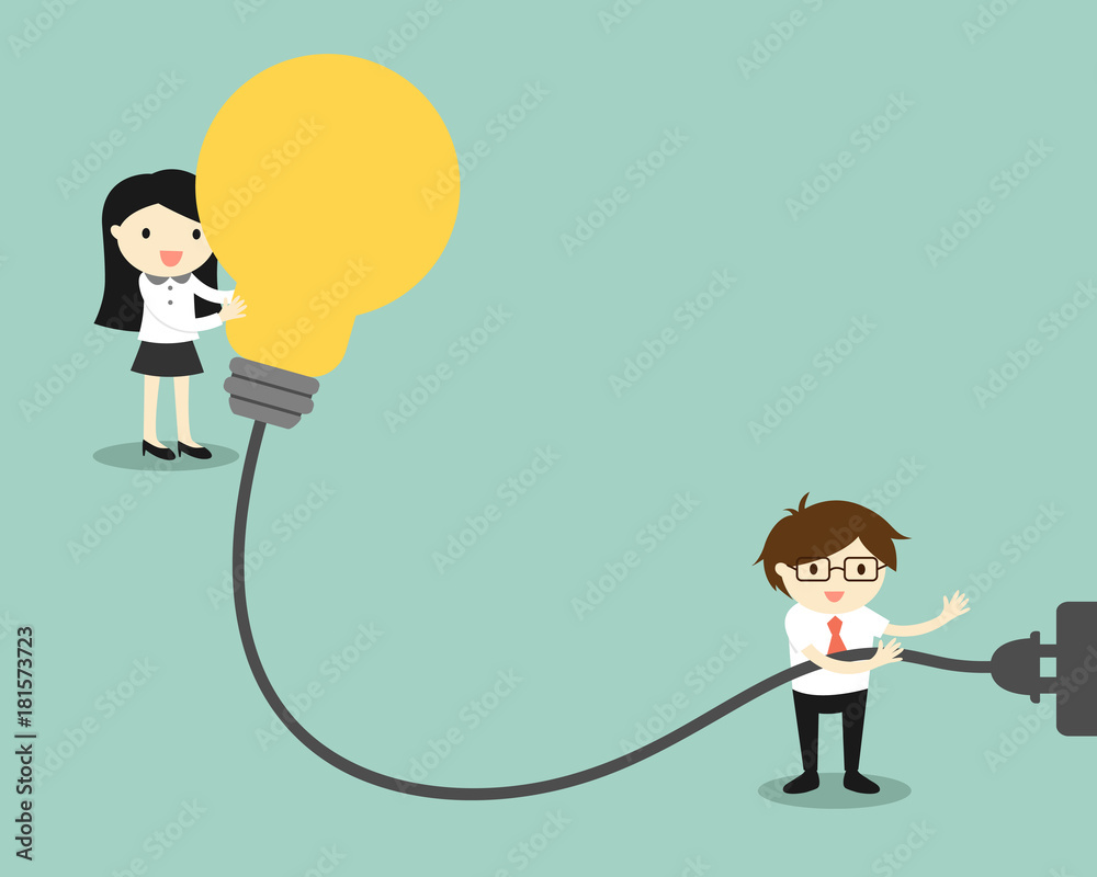 Business concept, Businessman is charging battery of big light bulb. Vector illustration.