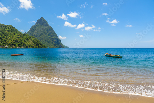 Paradise beach at Soufriere Bay with view to Piton at small town Soufriere in Saint Lucia, Tropical Caribbean Island. photo