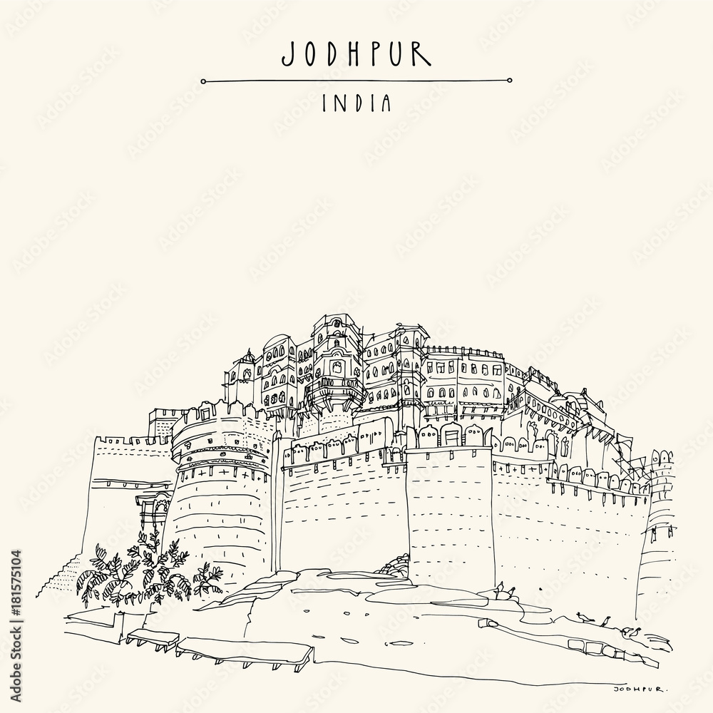 Mehrangarh fort (Sun Fortress) in Jodhpur, Rajasthan, India. Travel sketch. Hand drawn postcard in vector