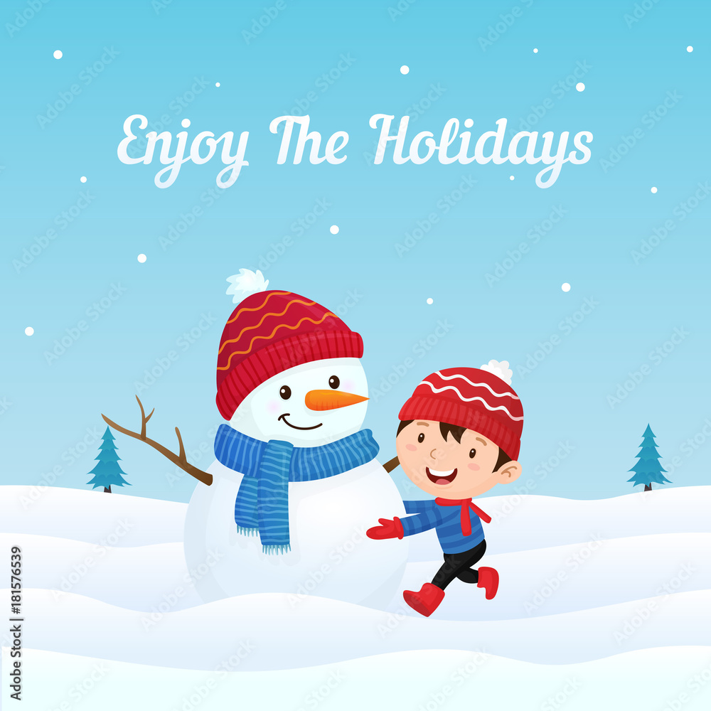 Happy Kid Making Cute Snowman at Winter Season in Snowy Ground Background.  Holiday Greeting Card, Banner, Poster Template. Stock Vector | Adobe Stock
