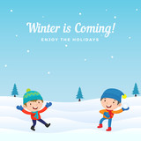 Happy Kids Boy  Playing Snowball fight game at Winter Season in Snowy Ground Background. Holiday Greeting Card, Banner, Poster Template.