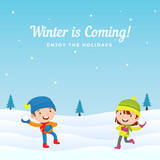 Happy Kids Boy and Girl Playing Snowball fight game at Winter Season Holiday in Snowy Ground Background. Greeting Card, Banner, Poster Template.