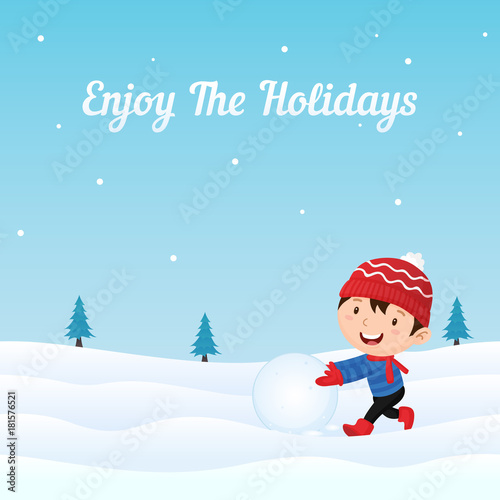Happy Kid Making Snowball at Winter Season in Snowy Ground Background. Holiday Greeting Card, Banner, Poster Template.