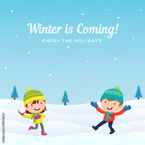 Happy Kids Boy and Girl Playing Snowball fight game at Winter Season Holiday in Snowy Ground Background. Greeting Card, Banner, Poster Template.
