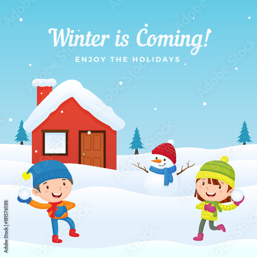 Happy Kids Boy and Girl Playing Snowball fight game in Front of the Snowy House and Snowman at Winter Season in Snowy Ground Background. Holiday Greeting Card, Banner, Poster Template.