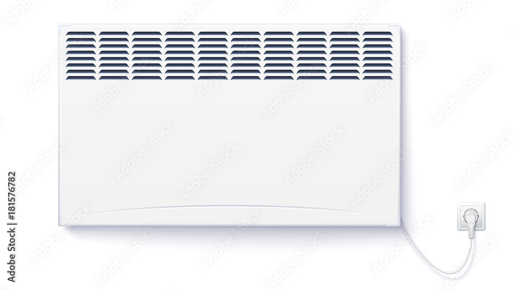 Domestic electric heater, home convector plugged the cord with plug to electricity. Electric panel of radiator appliance for space heating isolated on white wall. Horizontal template for design. Domestic electric heater, home convector plugged the cord with plug to electricity. Electric panel of radiator appliance for space heating isolated on white wall. Horizontal template for design.