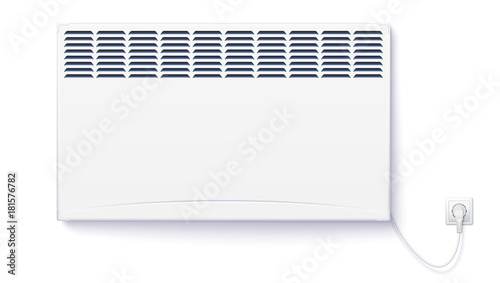 Domestic electric heater, home convector plugged the cord with plug to electricity. Electric panel of radiator appliance for space heating isolated on white wall. Horizontal template for design.
