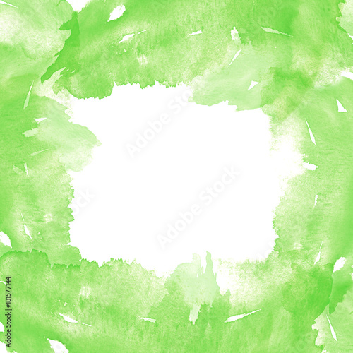 Watercolor frame of green abstract strokes, splashes, blots of paint. Watercolor stroke, background, green  paint.  With a place for an inscription and your design © helgafo