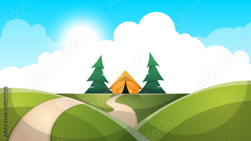 Cartoon landscape. Tent, sun, fir cloud road illustration Vector eps 10