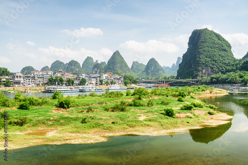 Scenic view of the Li River and Yangshuo Town, China