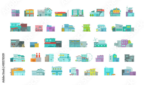 Architecture town buildings big set. City street. Flat stock vector graphics. A lot of various details houses