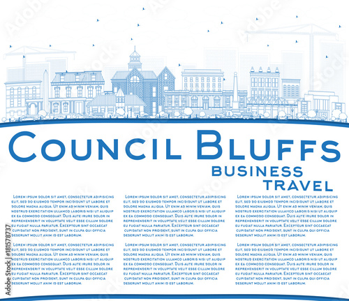 Outline Council Bluffs Iowa Skyline with Blue Buildings and Copy Space.