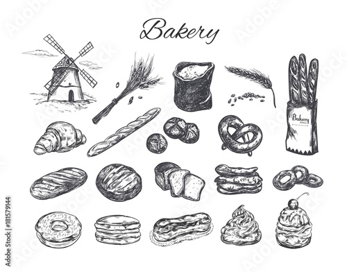 Bakery shop set . Windmill, bag of flour, ears and different types of bread, loaf, pastry. Vector hand drawn illustration. Sketch style. Isolated objects